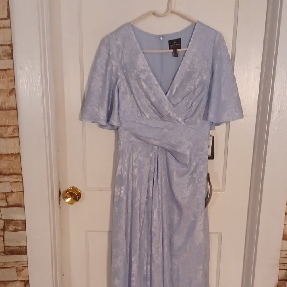 Adrianna Papell Light Blue Maxi Dress Sky Blue Shimmer Flutter Gown